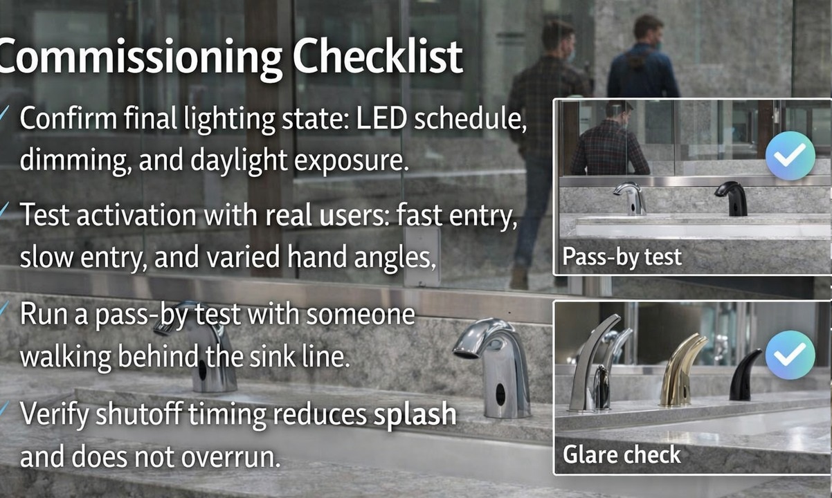 Commissioning checklist image highlighting pass-by tests, glare checks, and range and timeout tuning for touchless faucets
